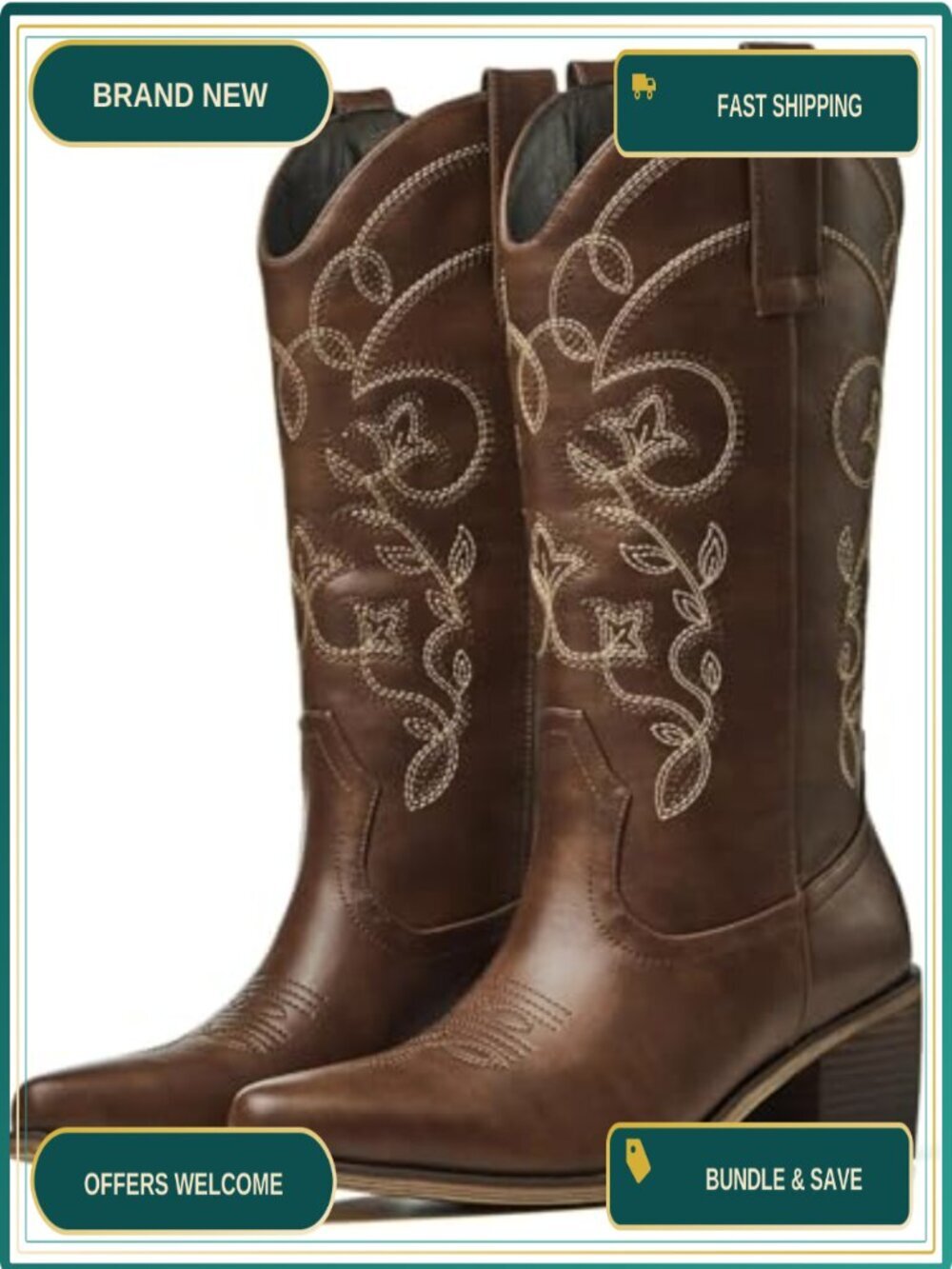 Faux Leather Cowboy Boots Pointed Toe Chunky Heel Western Mid-Calf